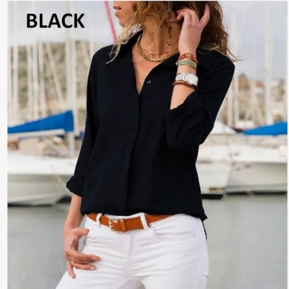 XS-Polo Bonetta, Black, 3/4 Sleeve, Viscose, button-up, dress shirt. NWT - Picture 2 of 6